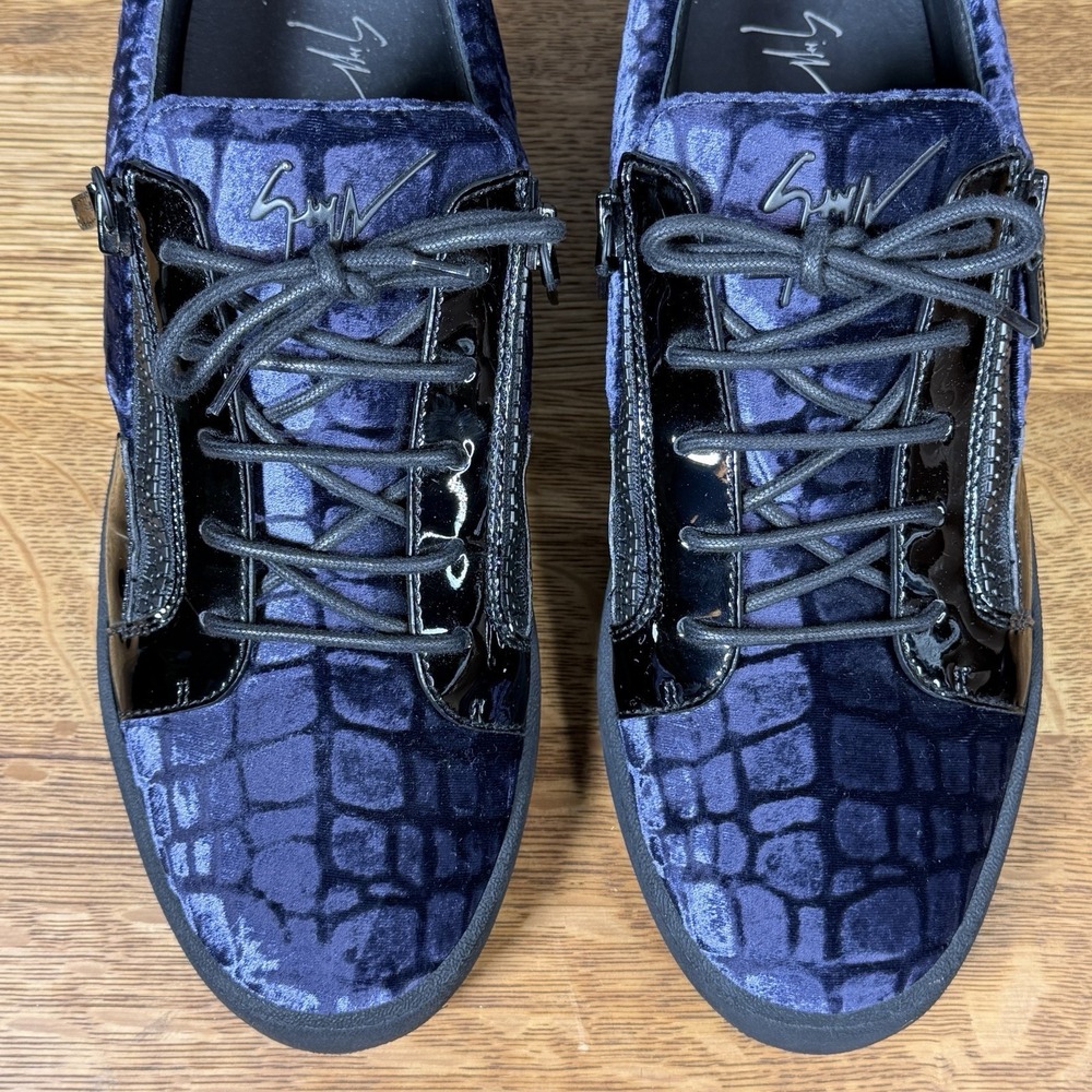 Mint Giuseppe Zanotti Meredith Blue Black Croc Velvet Men's 12 Shoes Sneakers - Picture 3 of 10
